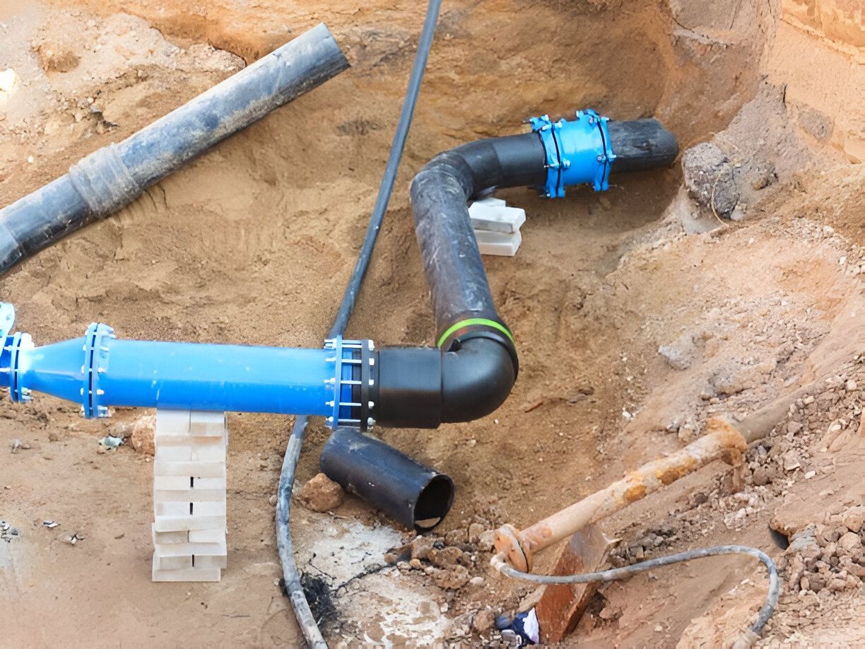 A bunch of pipes are laying in the dirt.