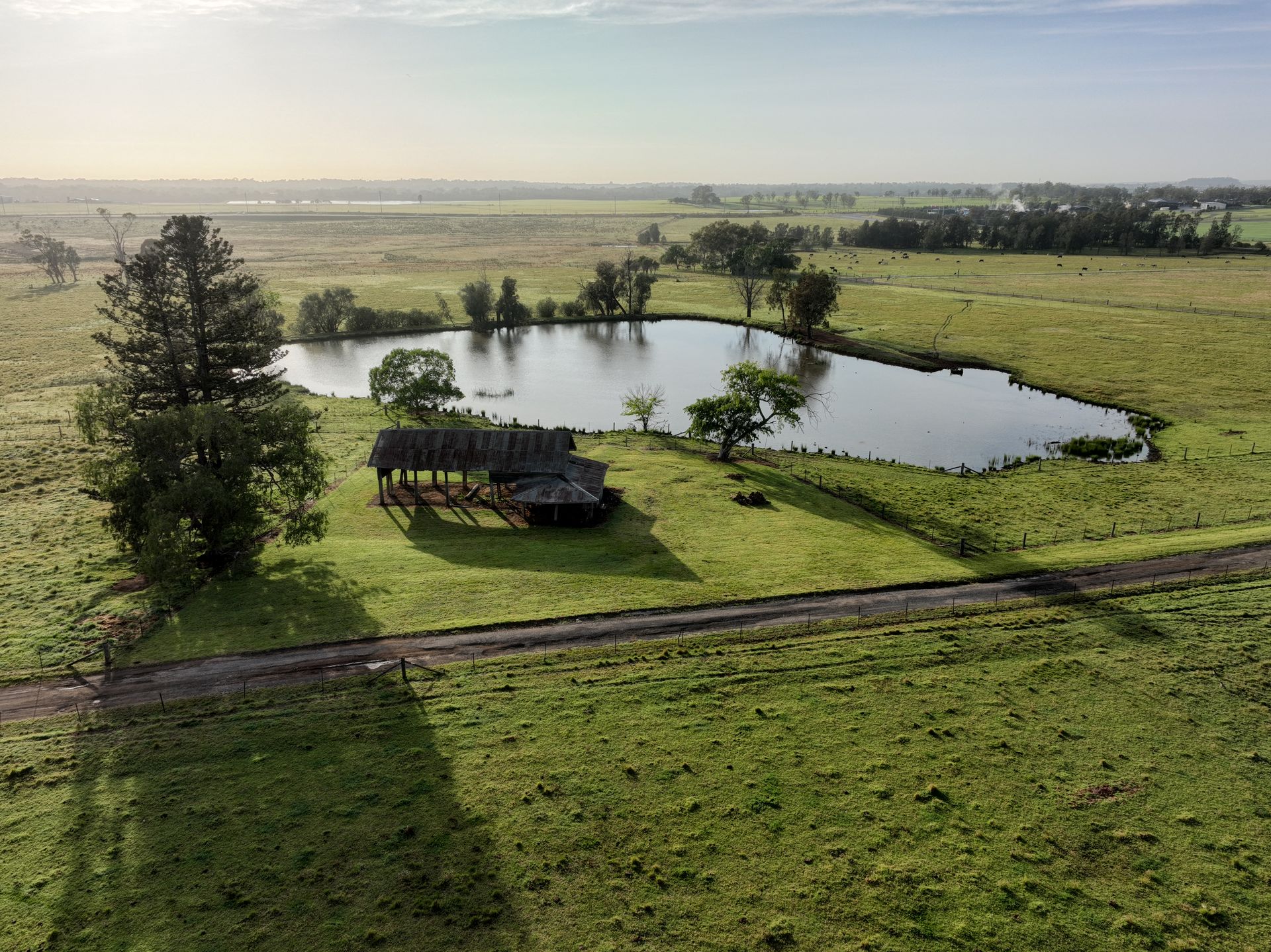 An aerial view of a grassy field with a pond and a small shelter. The scene is bathed in soft sunlight.