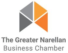Logo for The Greater Narellan Business Chamber: Geometric house shape with gray and orange segments, and text below.