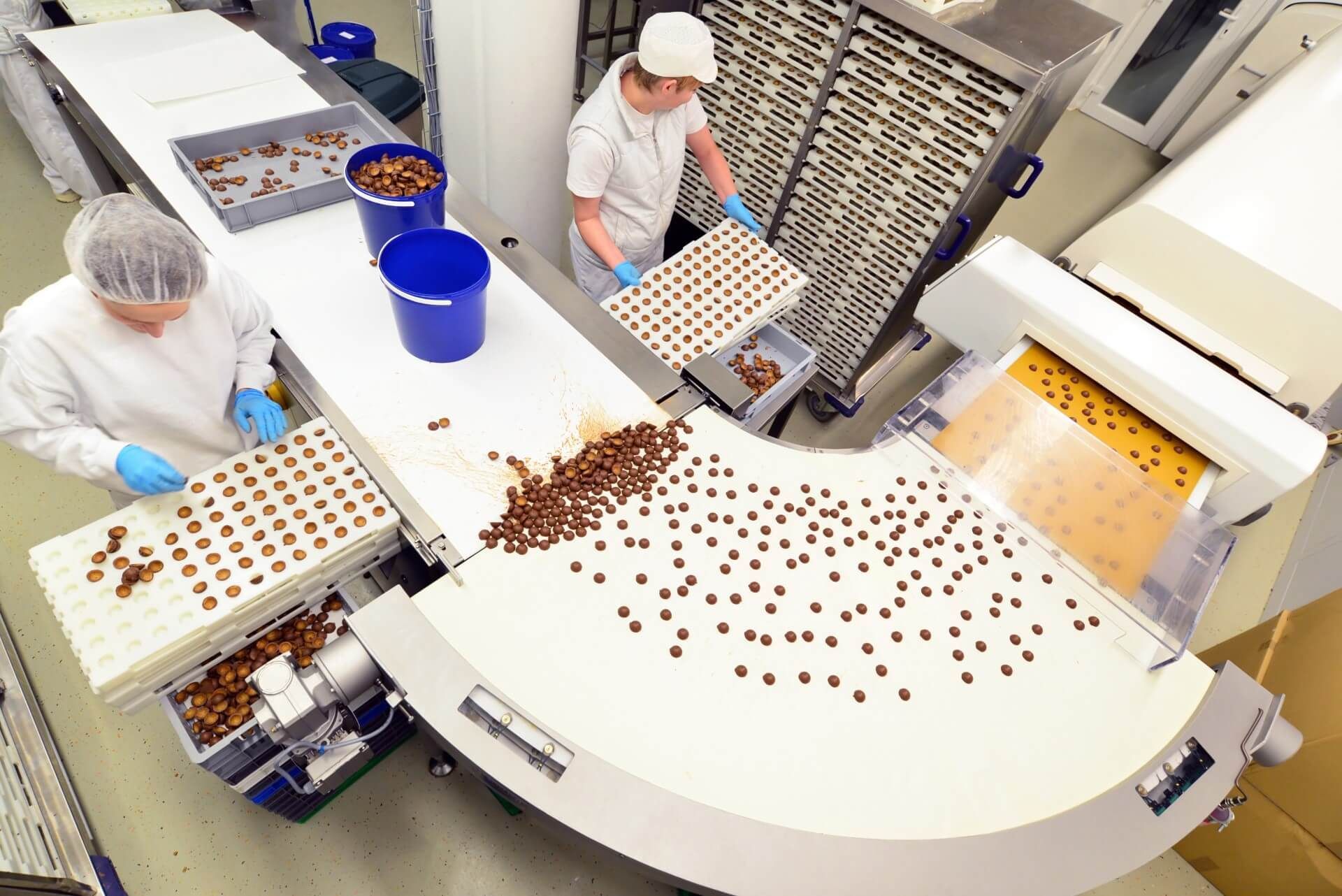 Workers in white coats and hairnets sort chocolates on a factory conveyor belt. One loads trays, while another unloads them.