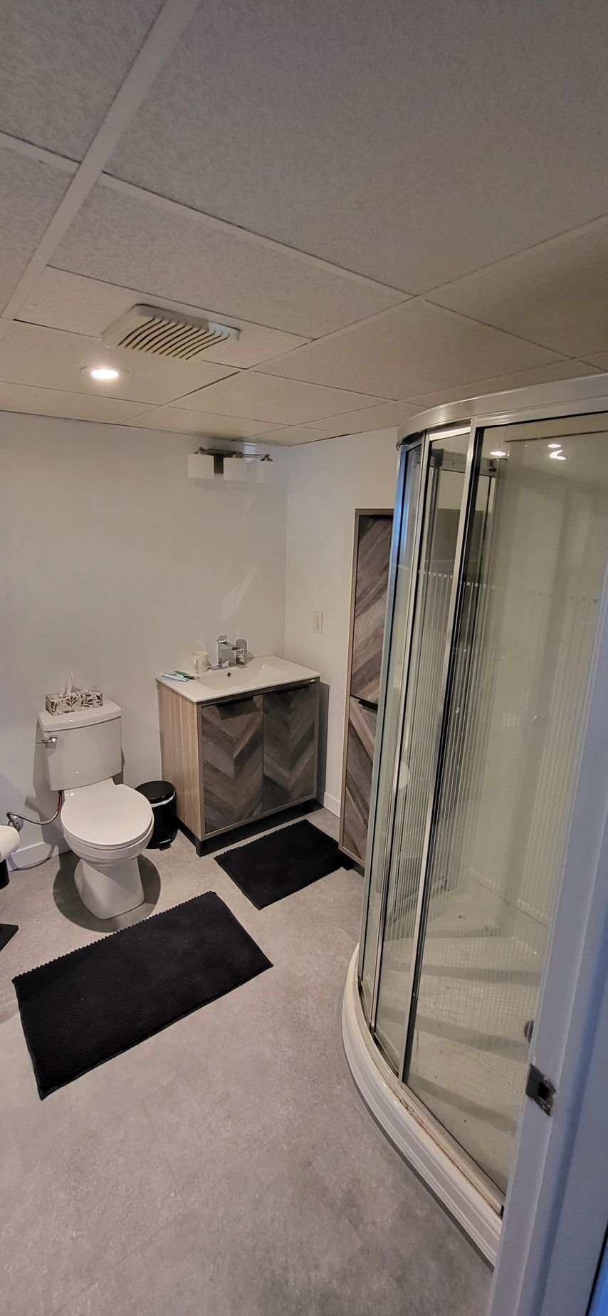 Une salle de bain avec WC, lavabo et douche.
