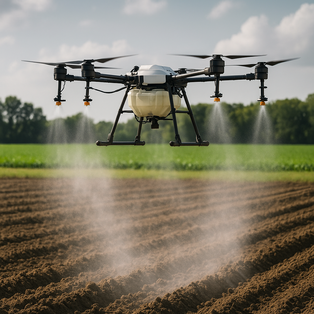 A drone is spraying fertilizer on a field
