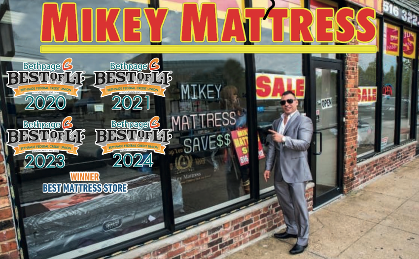 an advertisement for mikey mattress and bethpage best of li