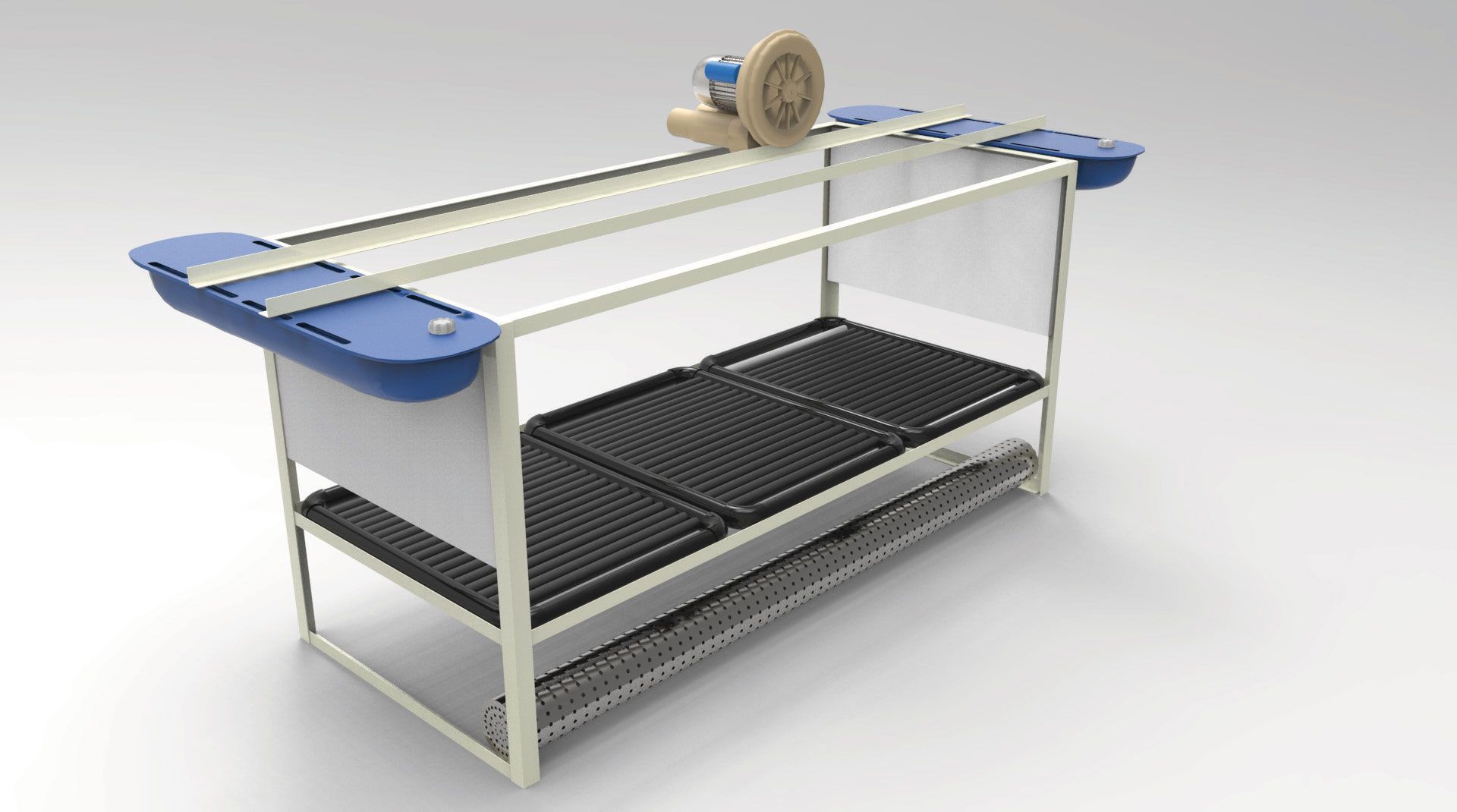 A machine with a metal frame, shelves, and a blower. Blue and tan components.