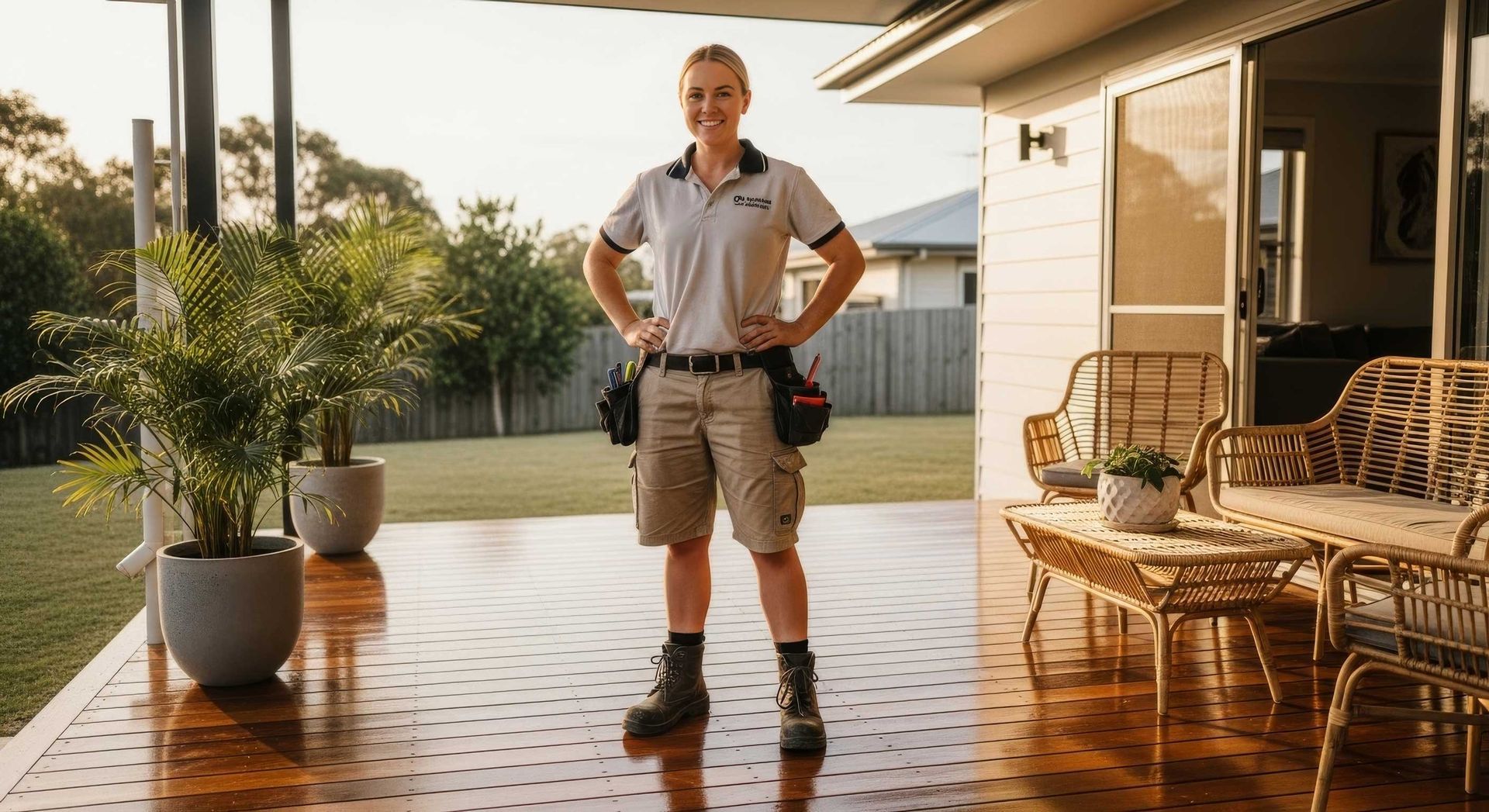 Friendly Handyman Crew Standing On Maintained Deck In Hervey Bay