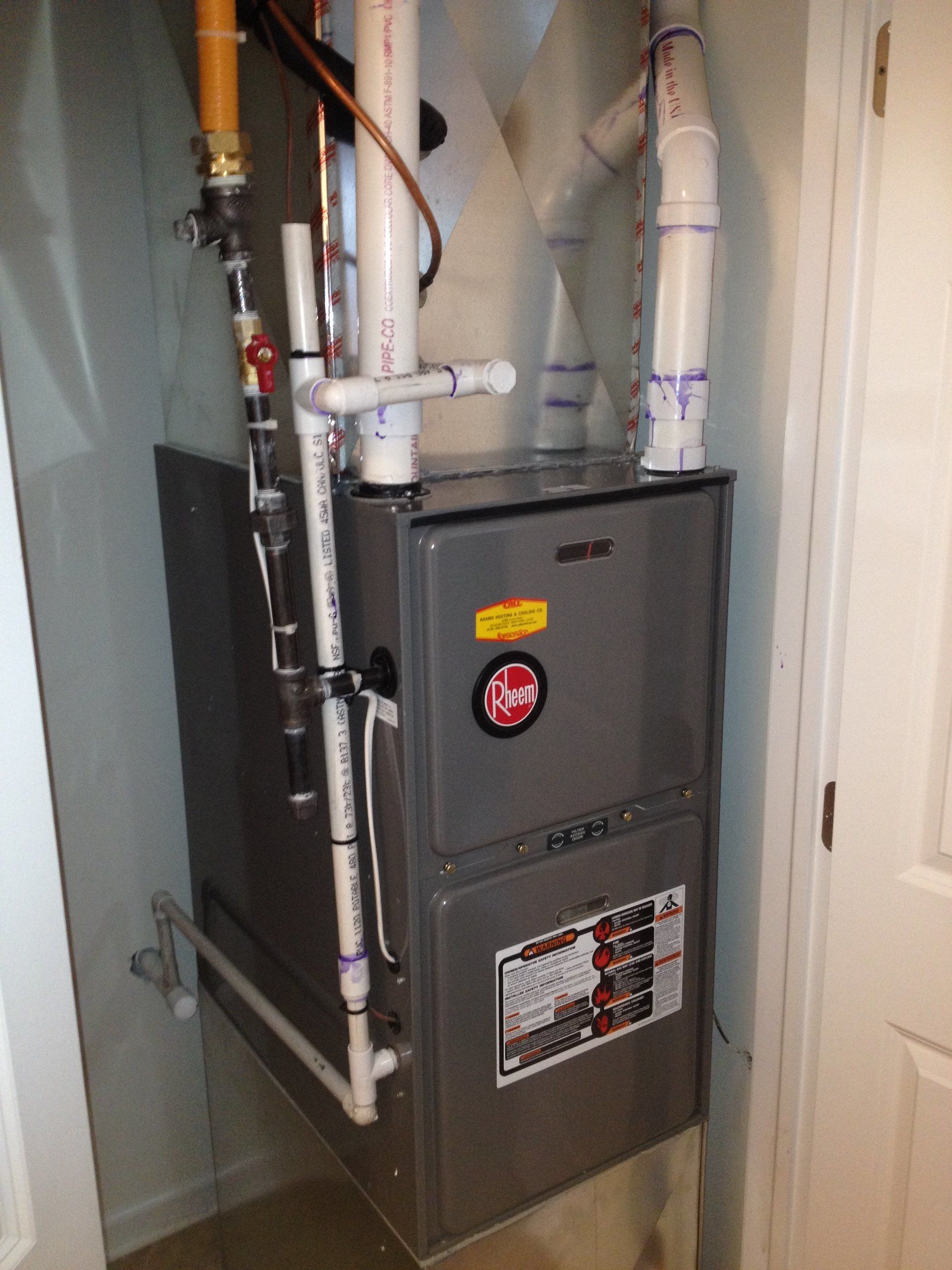 An installed rheem furnace installed by Adams Heating & Cooling in Saratoga Springs, NY
