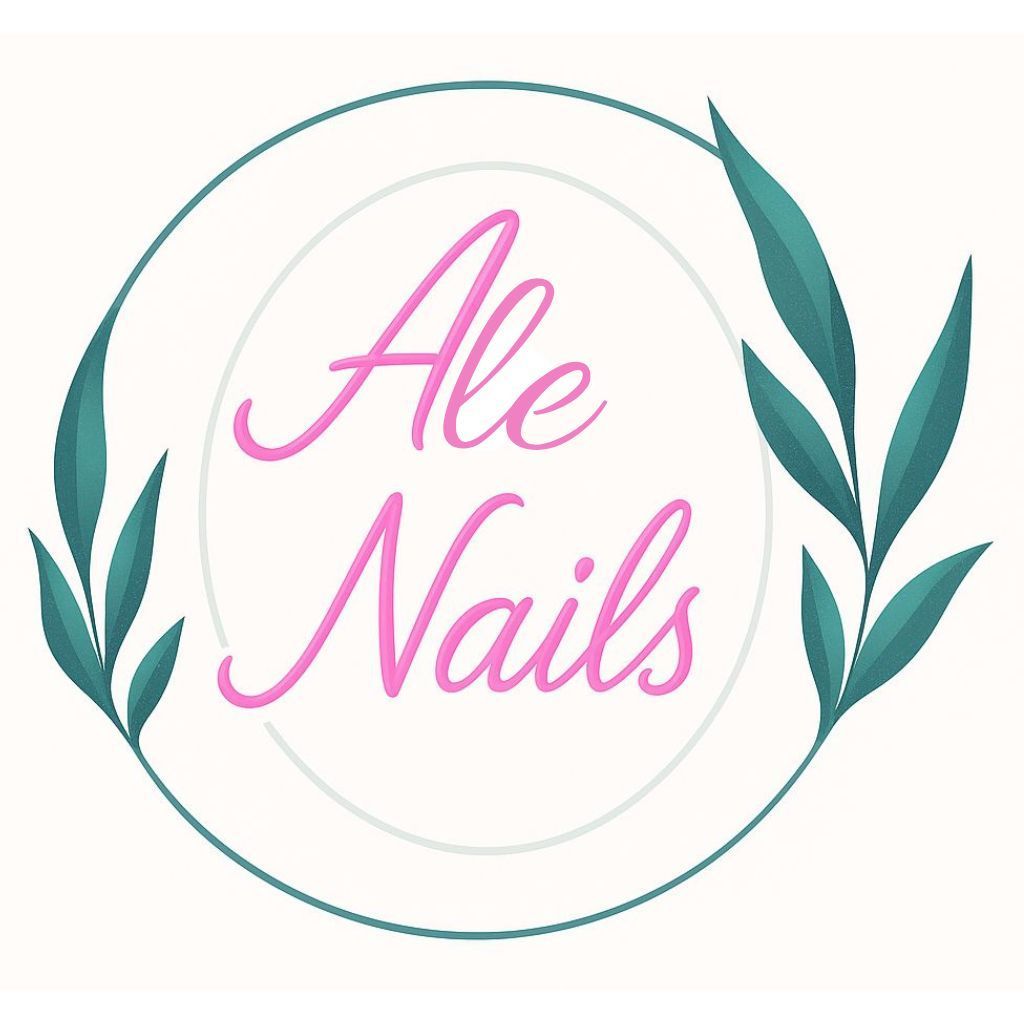 Logotipo de Ale Nails: Texto rosa en cursiva dentro de un círculo con contorno azul verdoso