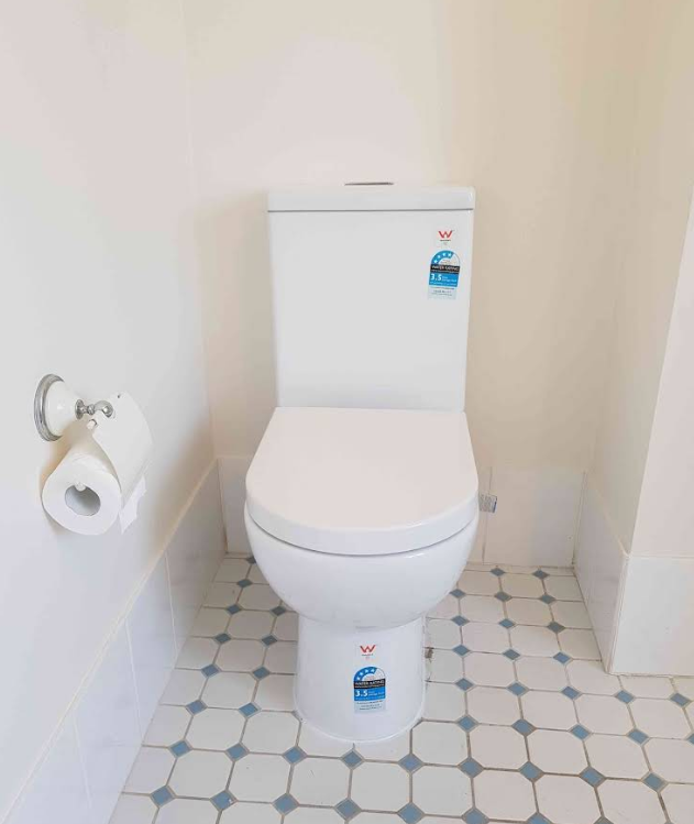 A white toilet is sitting in a bathroom next to a paper towel holder. — Jobs2BDone in Woy Woy, NSW