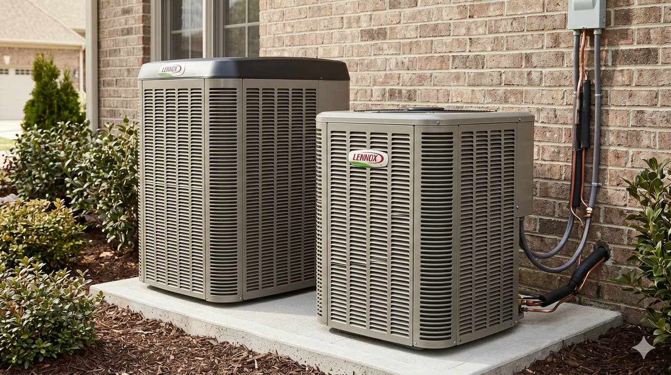 Two gray outdoor air conditioning units beside a brick house wall
