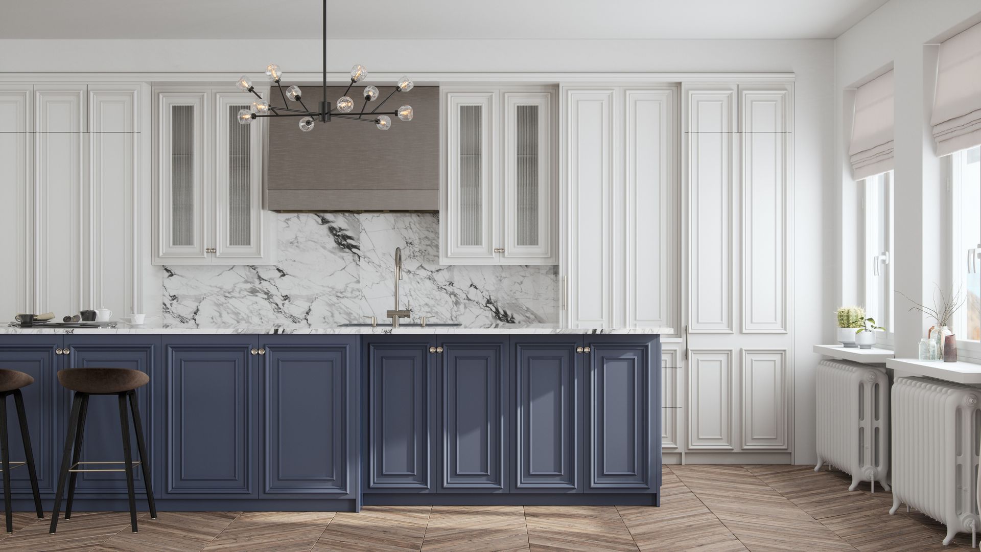 A man wearing yellow gloves is working on a kitchen cabinet.