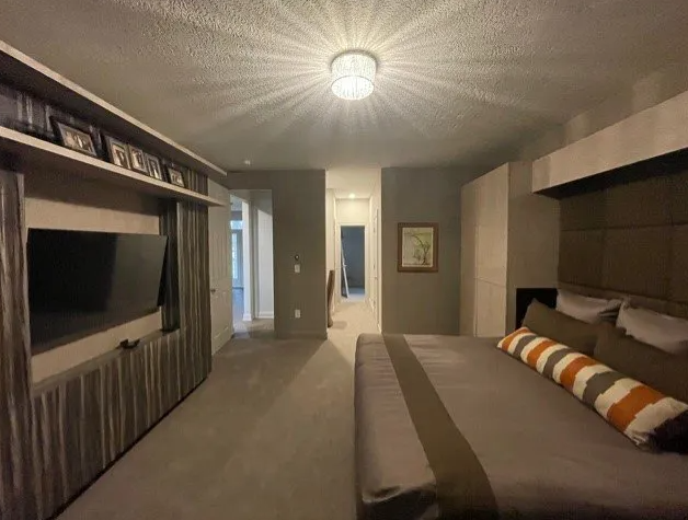 A bedroom with a large bed and a flat screen tv