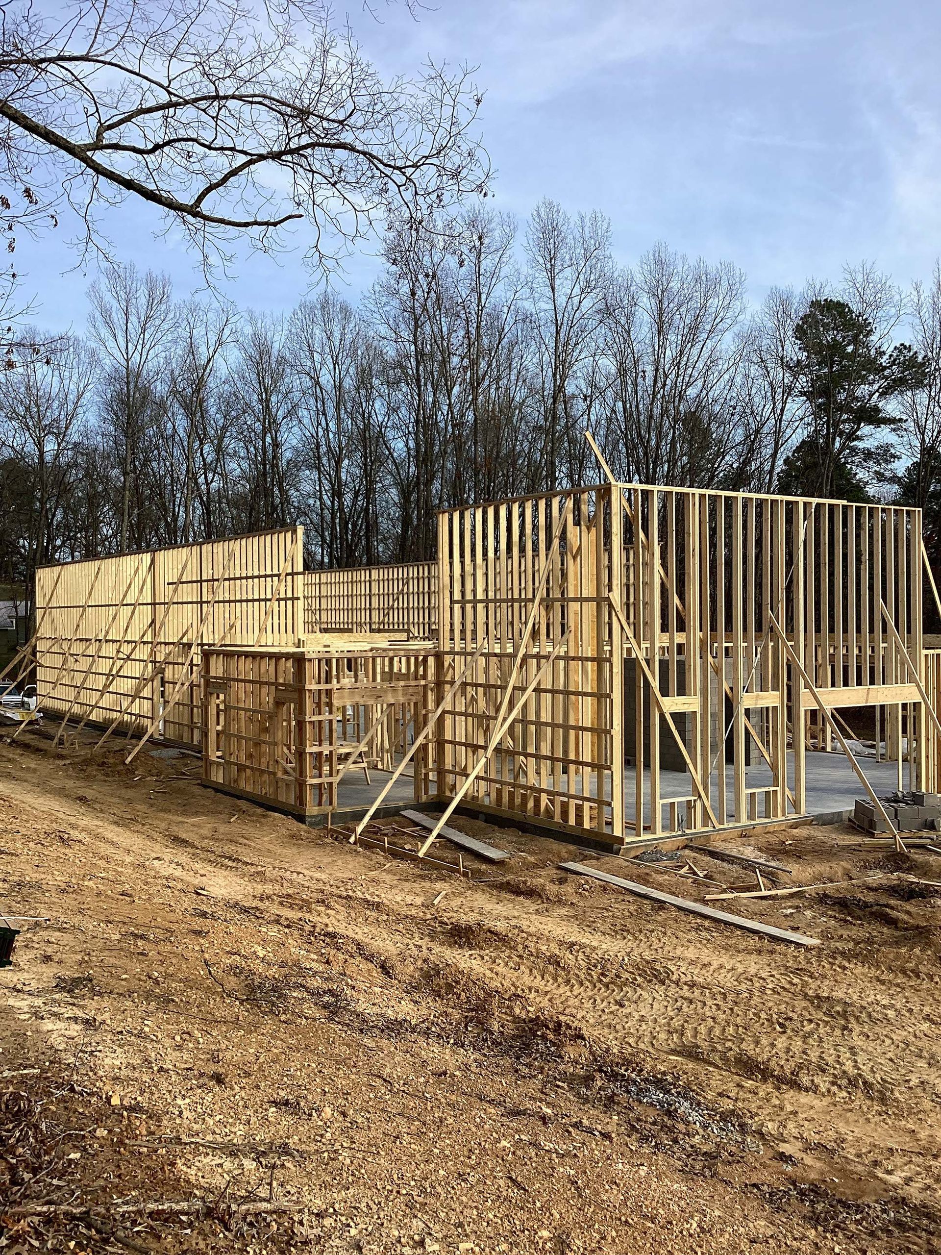 A house is being built in the middle of a forest.