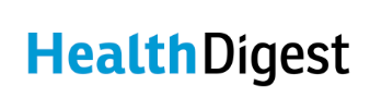 the health digest logo is blue and black on a white background .