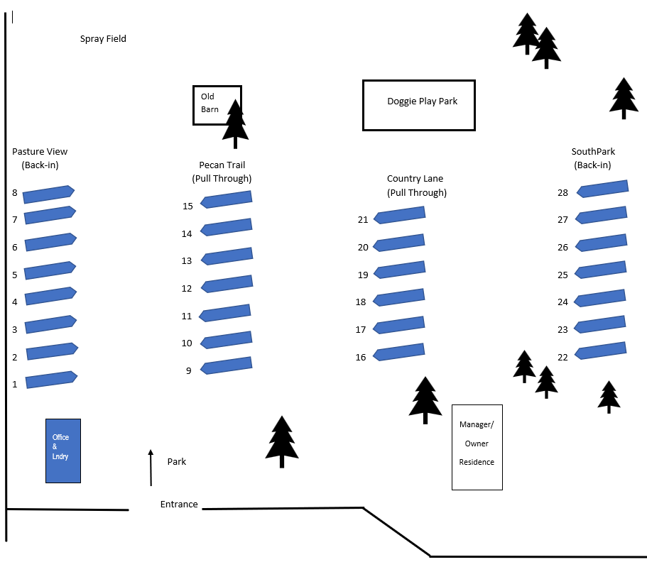 A map of a park with blue lines and trees