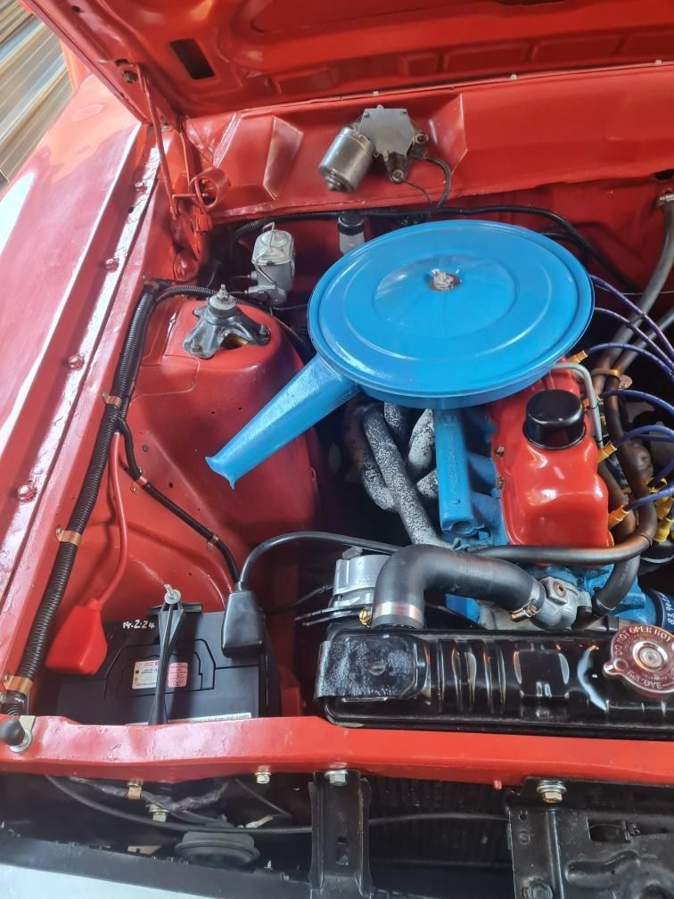 The engine of a red car with the hood open