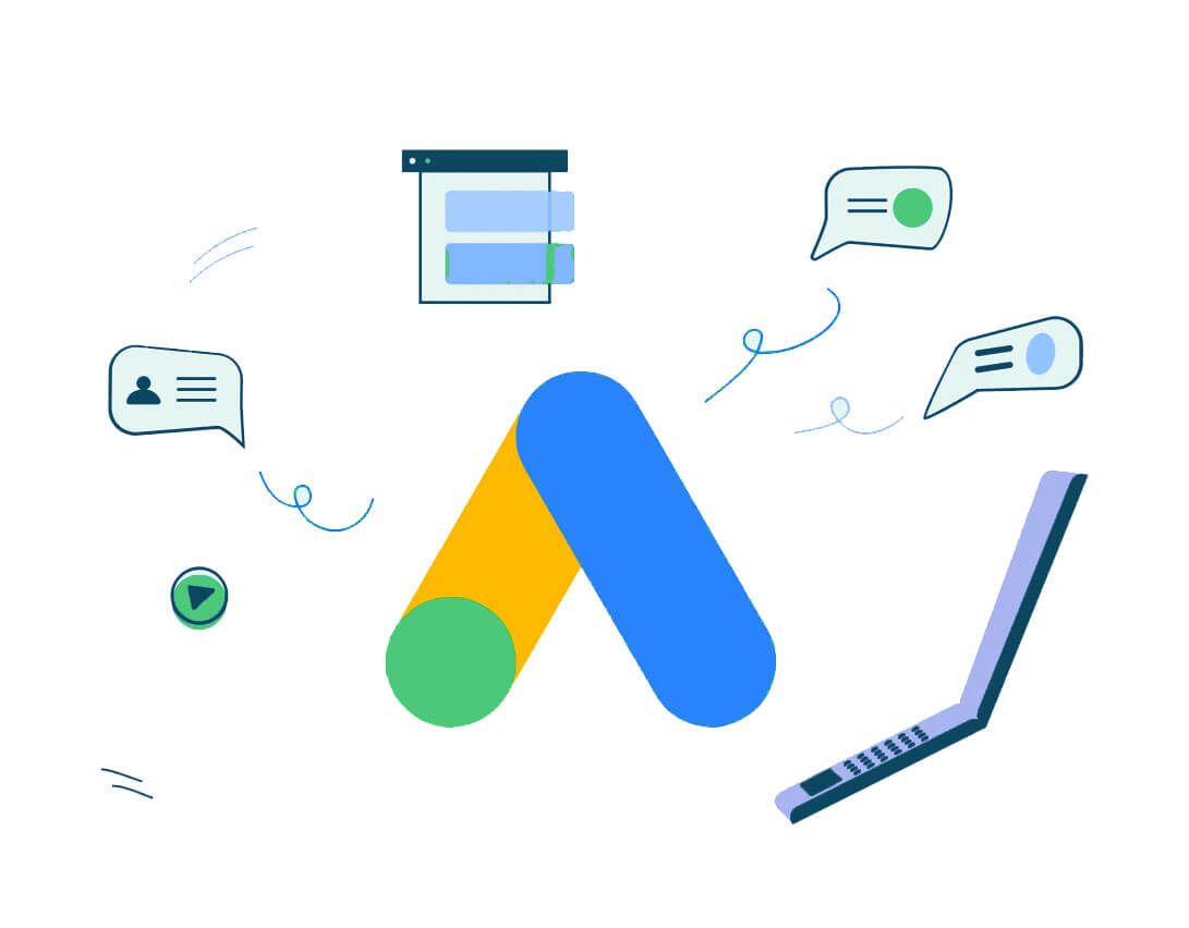 An illustration of a google ad surrounded by speech bubbles and a laptop.