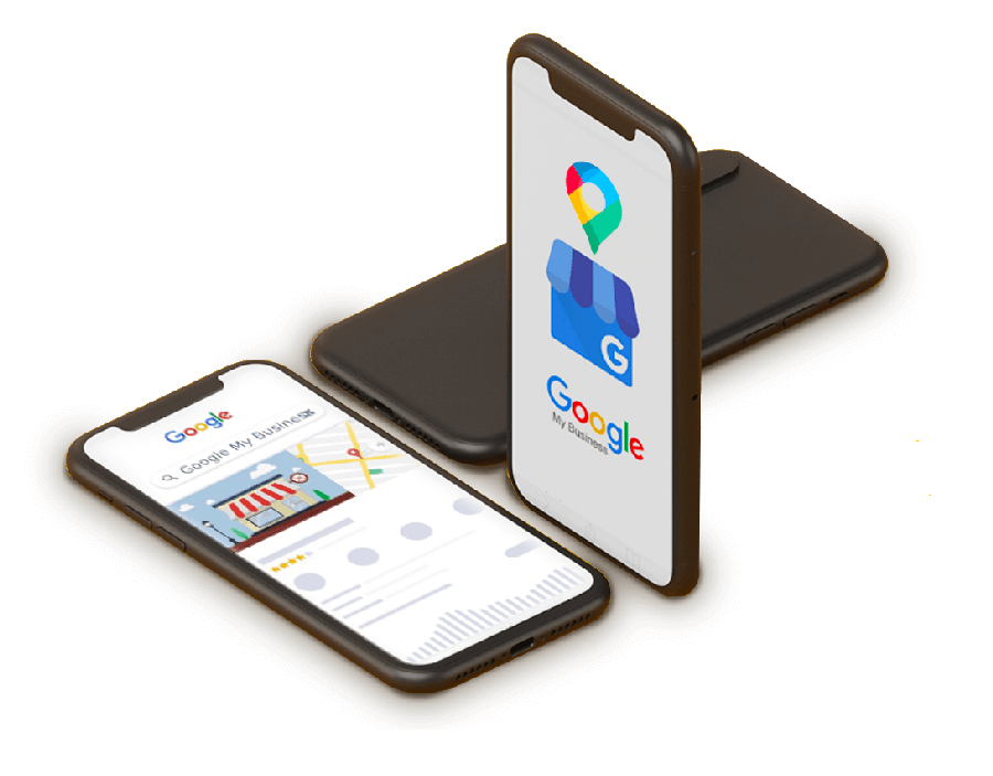 Three phones with google maps on the screen.