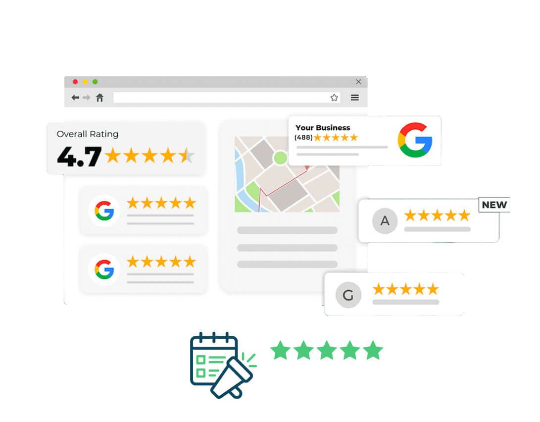 An illustration of a google review page with a calendar and a megaphone.