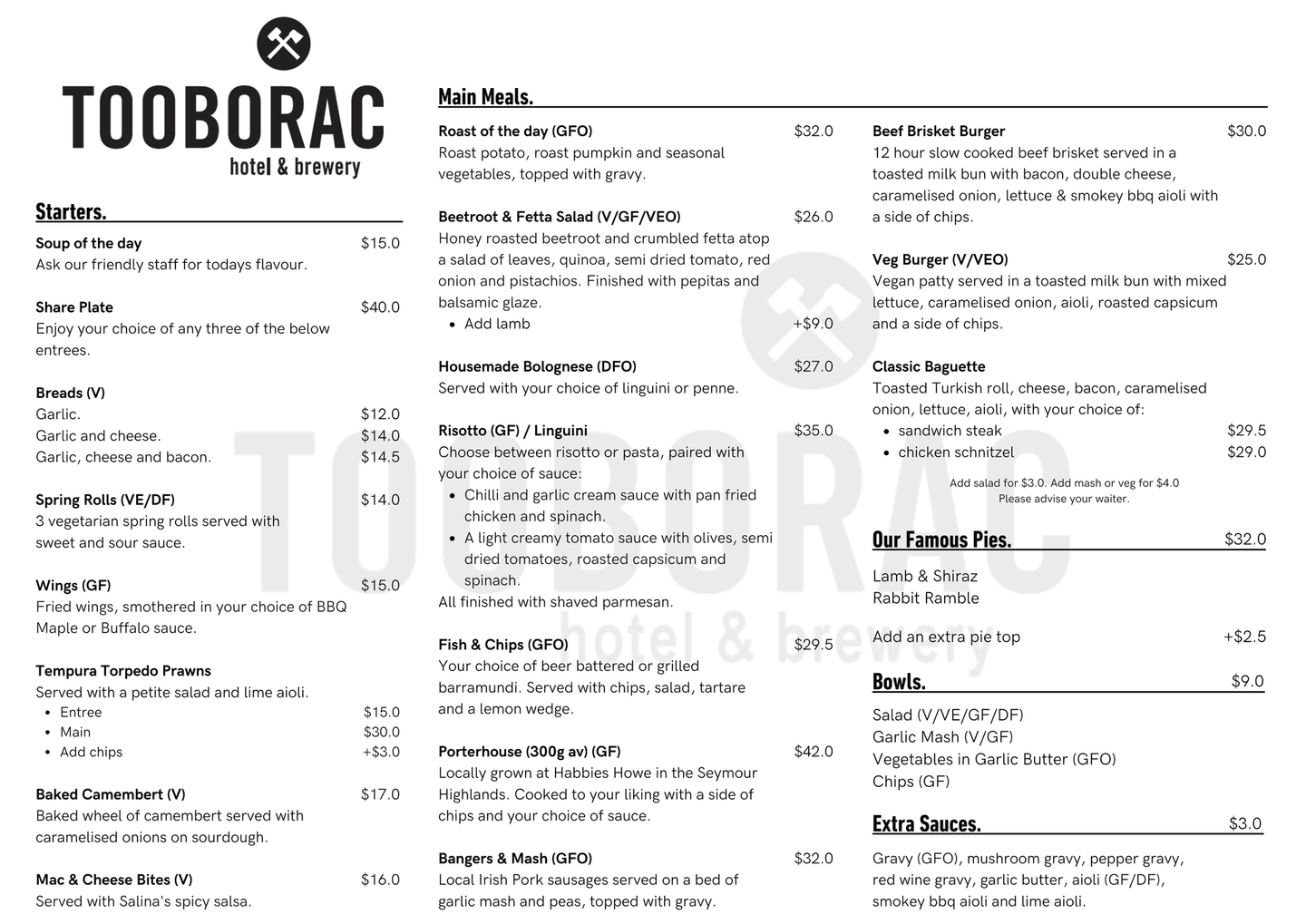 A menu for a restaurant called tooborac.