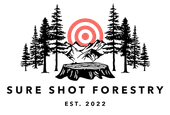 Logo: black trees, mountains, a tree stump, red target, text