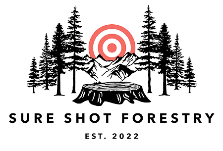 Logo: black trees, mountains, a tree stump, red target, text 