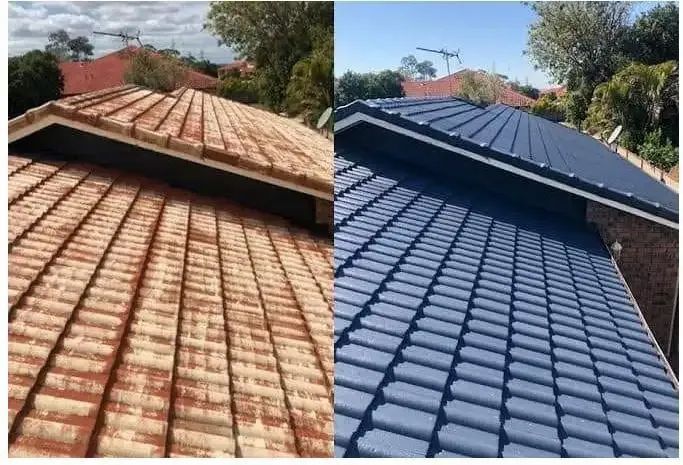Before And After Picture Of A Roof That Has Been Painted Blue — ACT Roofing in Ngunnawal, ACT