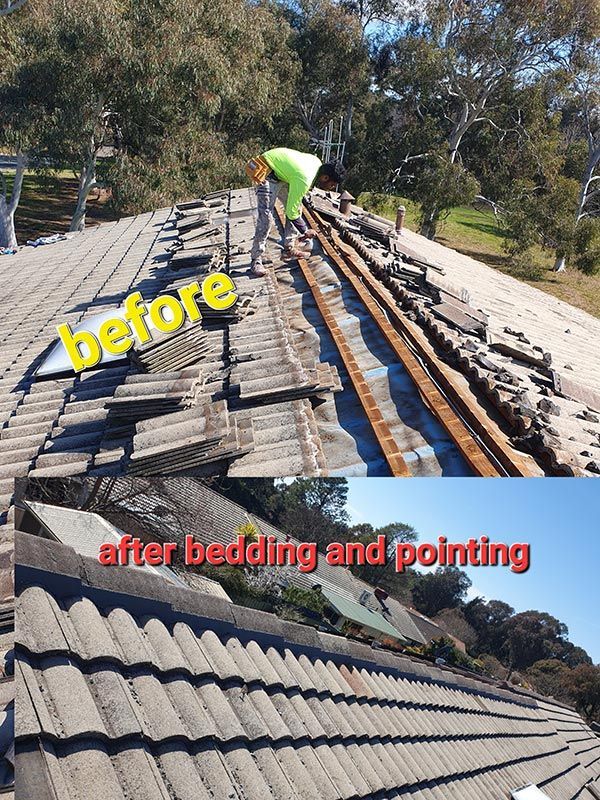 A Picture Of A Roof Before And After Bedding And Pointing — ACT Roofing in Ngunnawal, ACT
