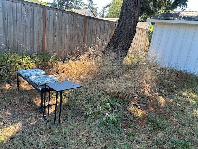 A table and chairs are sitting in a backyard next to a tree.