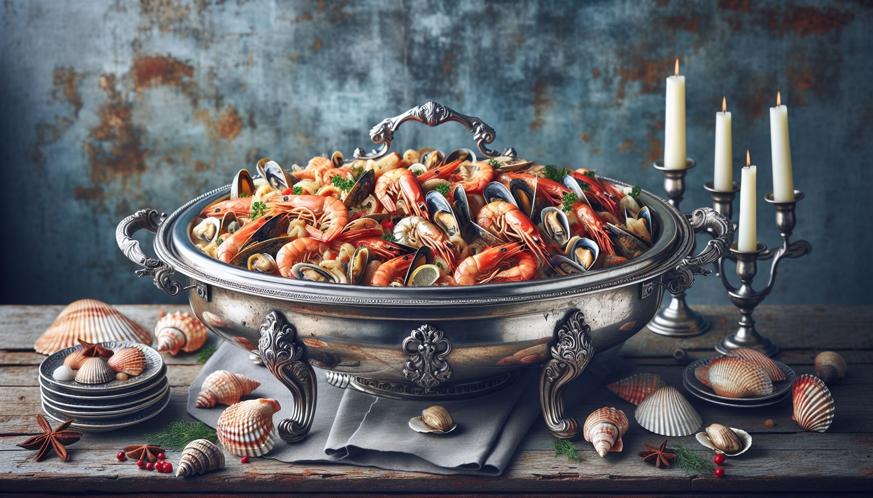 A silver bowl filled with seafood is sitting on a wooden table.