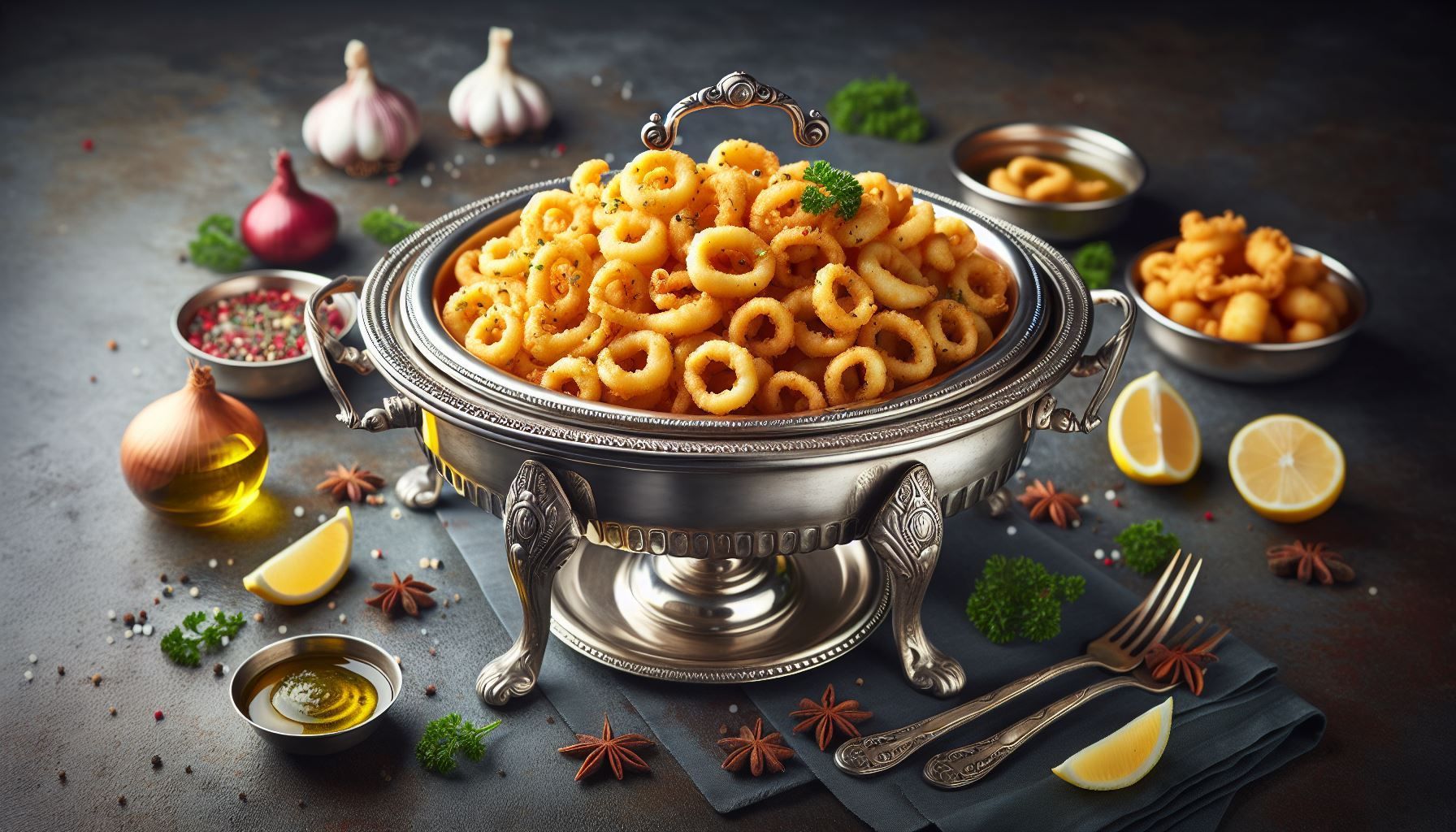 A silver bowl filled with macaroni and cheese rings on a table.