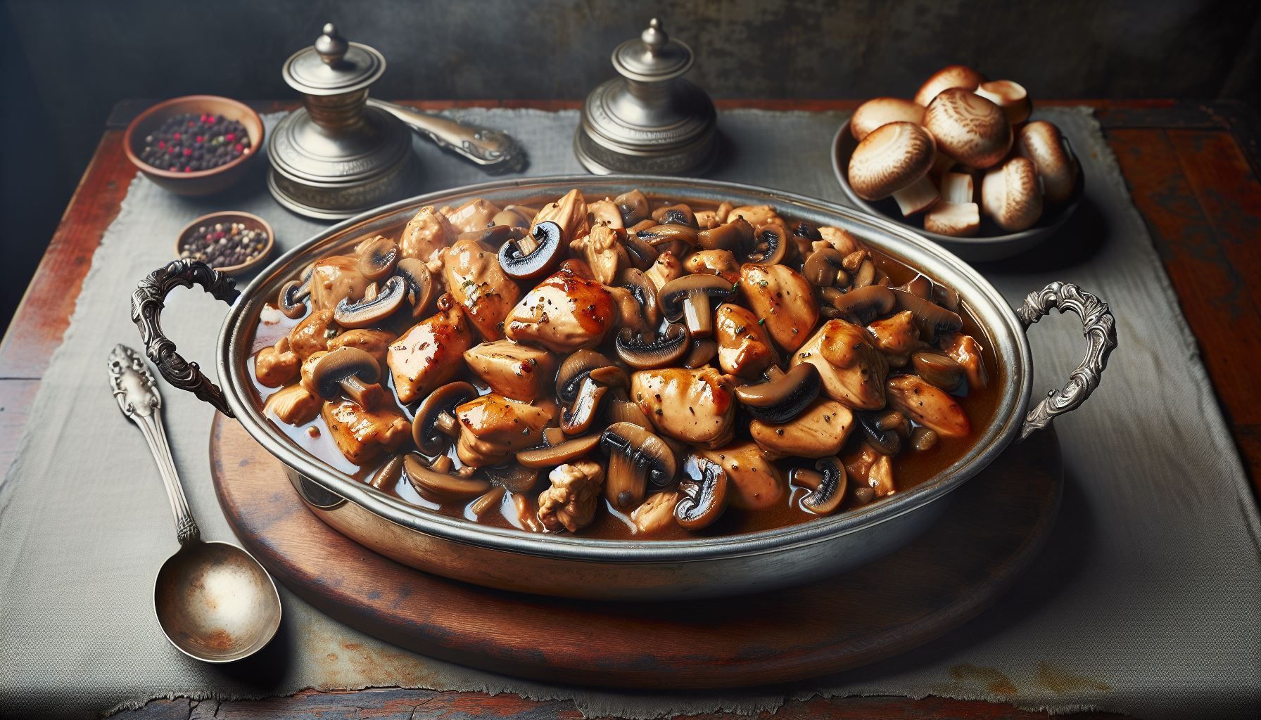 A bowl of chicken and mushroom stew on a wooden table.
