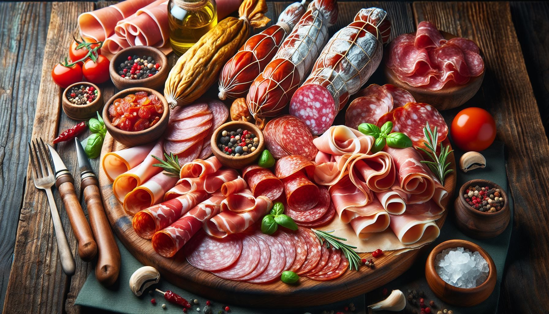 a wooden cutting board topped with a variety of meats and vegetables .
