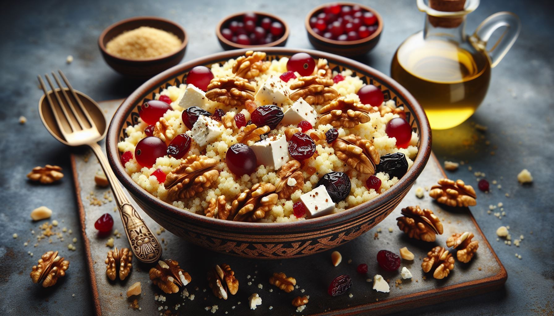 A bowl of food with nuts and cranberries on a table with a fork and spoon.
