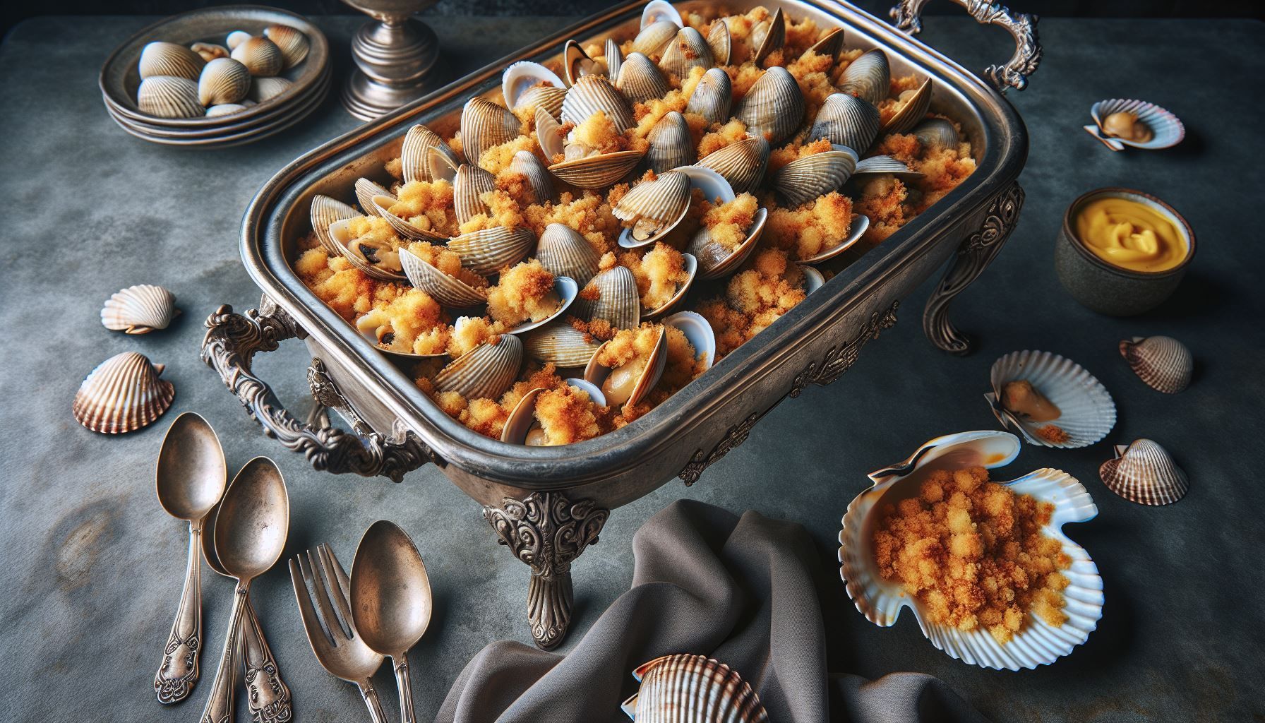 A silver tray filled with clams and rice on a table.