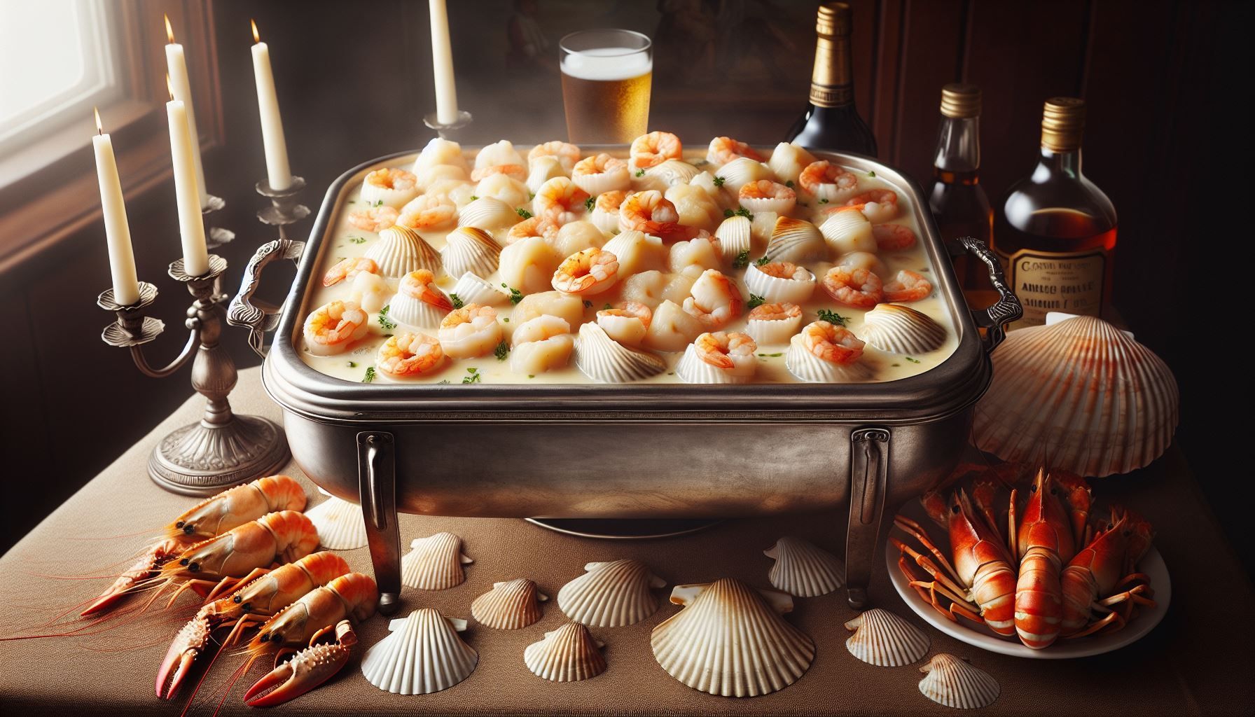 A casserole dish filled with shrimp and scallops sits on a table surrounded by seashells and candles.
