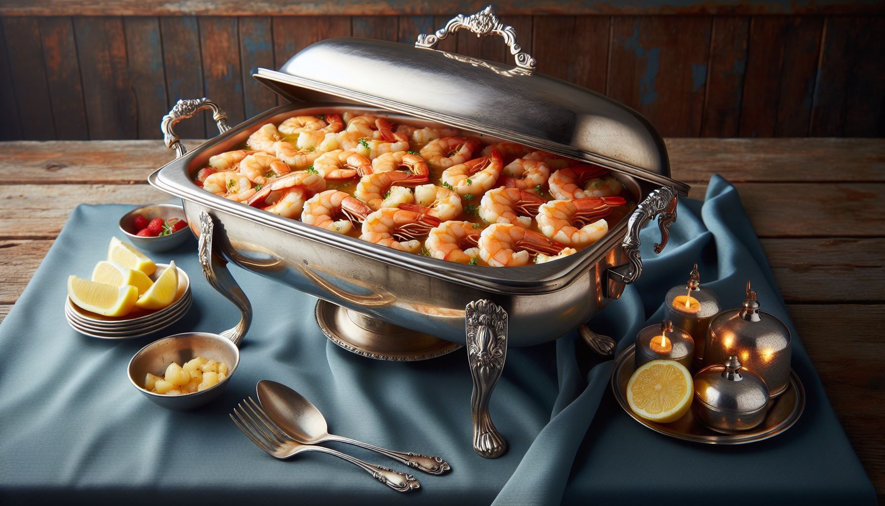 A casserole dish filled with shrimp is sitting on a table.