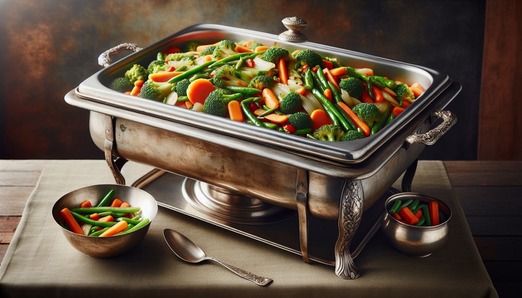 A buffet tray filled with vegetables is on a table.