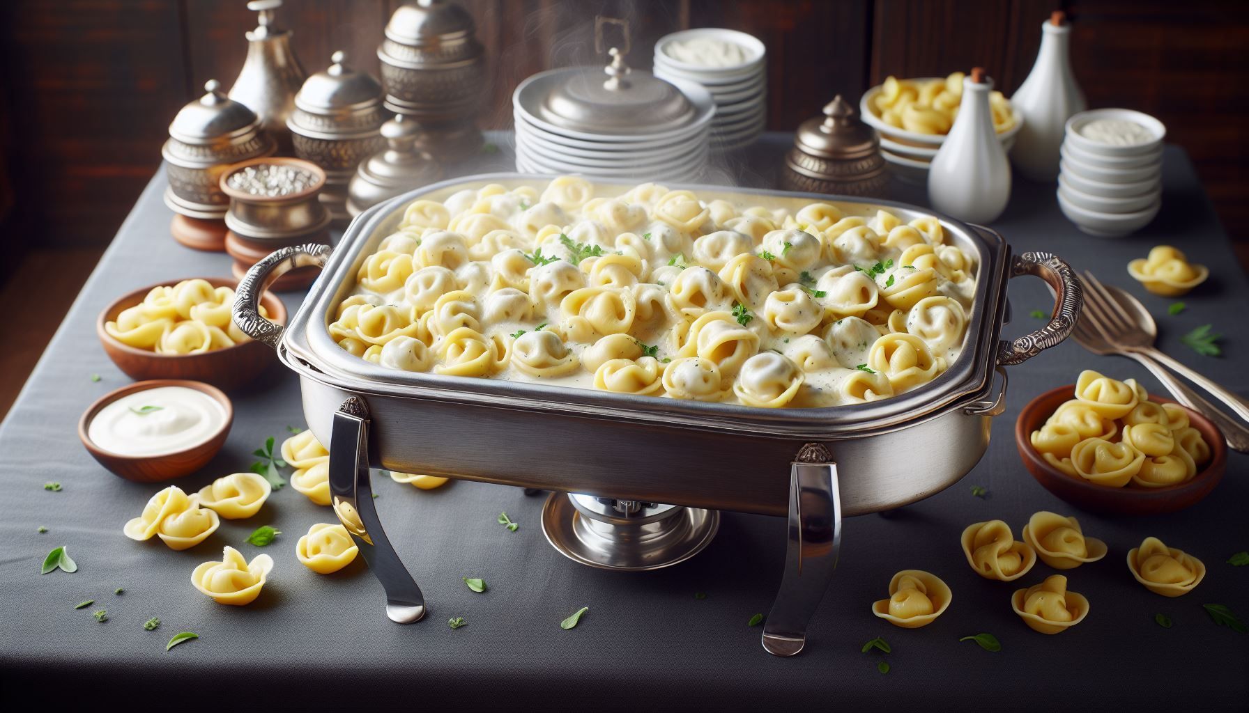 A tray of pasta is sitting on top of a table.