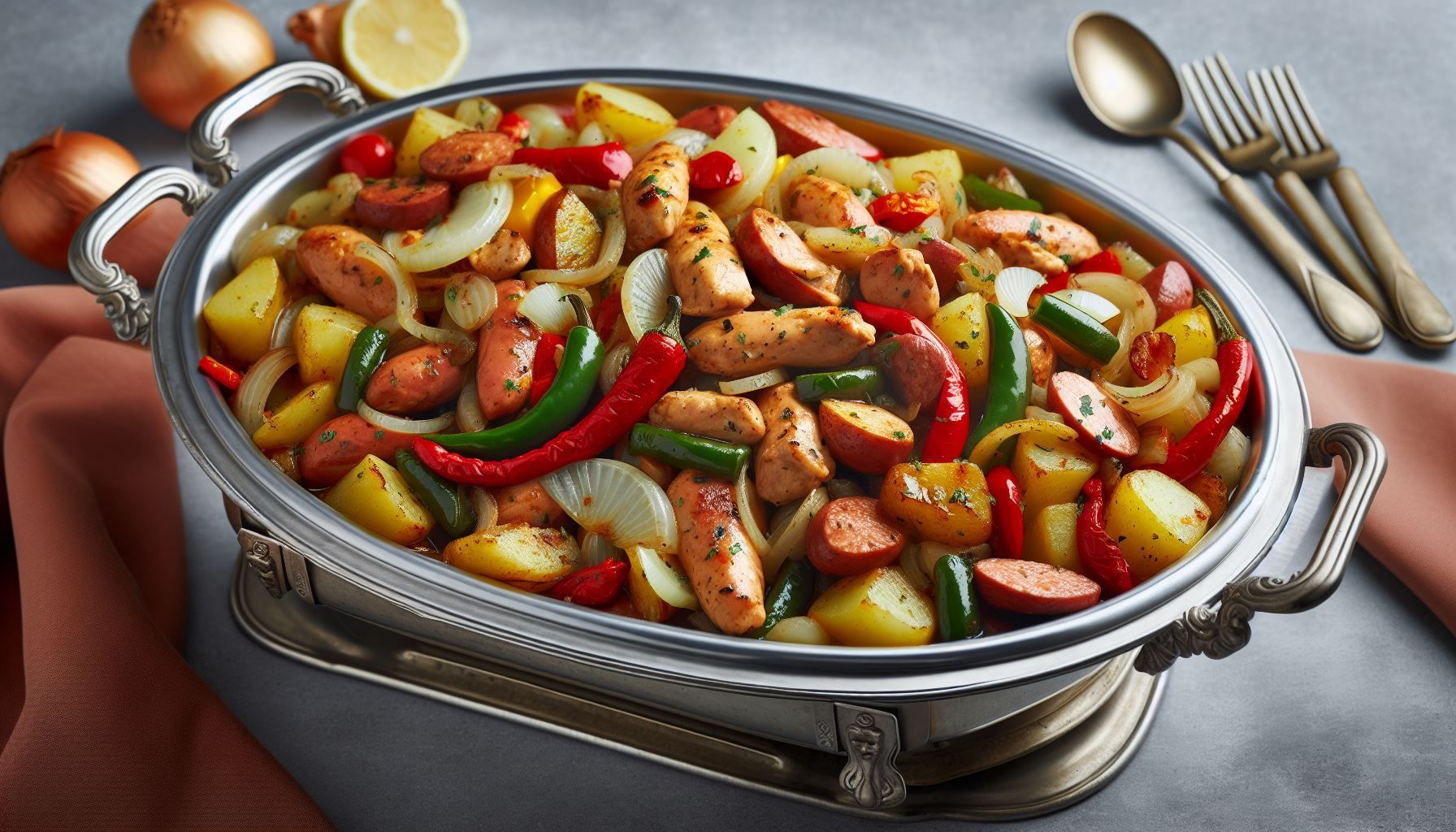 A casserole dish filled with sausages , potatoes , peppers and onions.