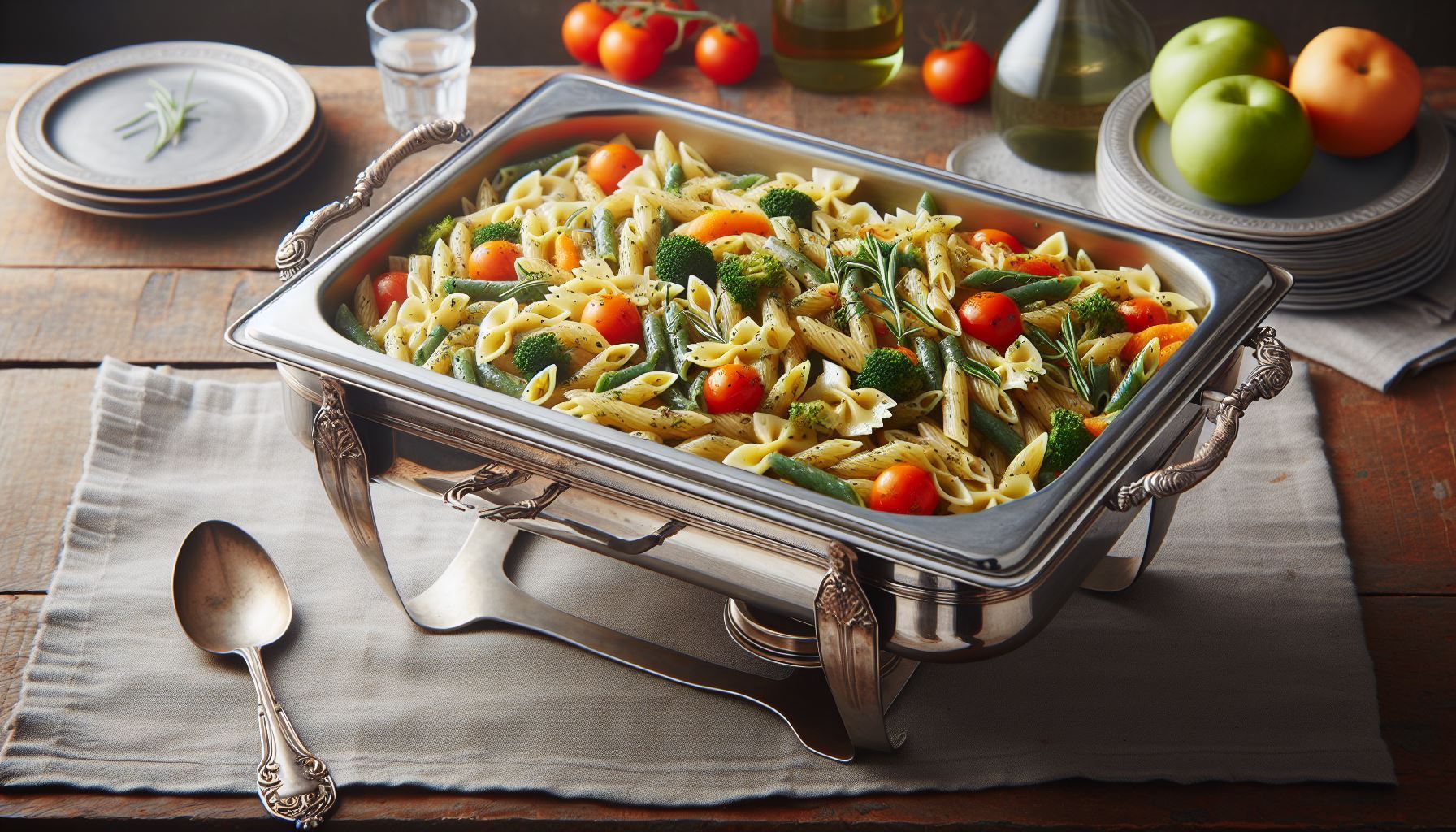 A casserole dish filled with pasta and vegetables is on a table.