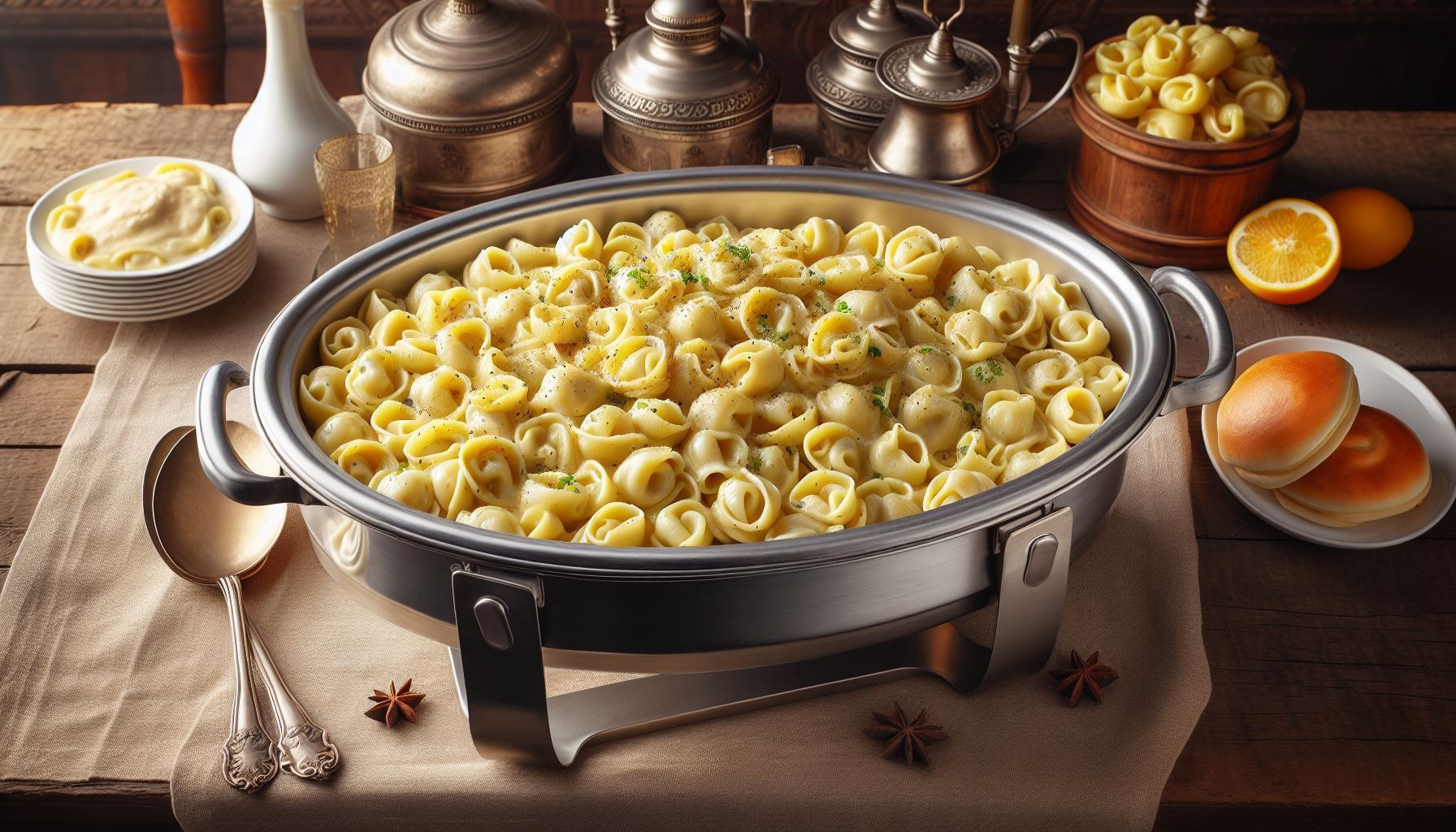 A casserole dish filled with macaroni and cheese is on a table.