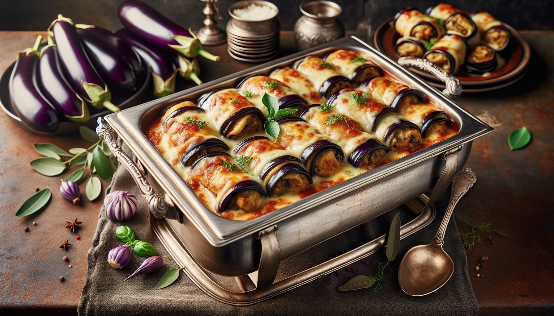 A casserole dish filled with eggplant rolls on a table.
