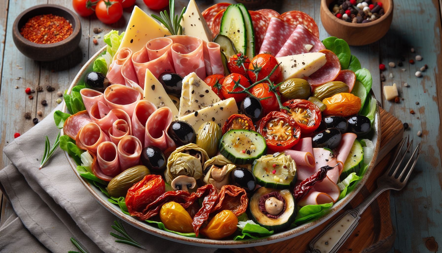 A plate of food with meat , cheese , vegetables and olives on a wooden table.