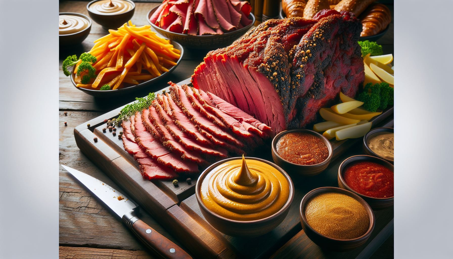 A large piece of meat is sitting on a wooden cutting board surrounded by condiments.