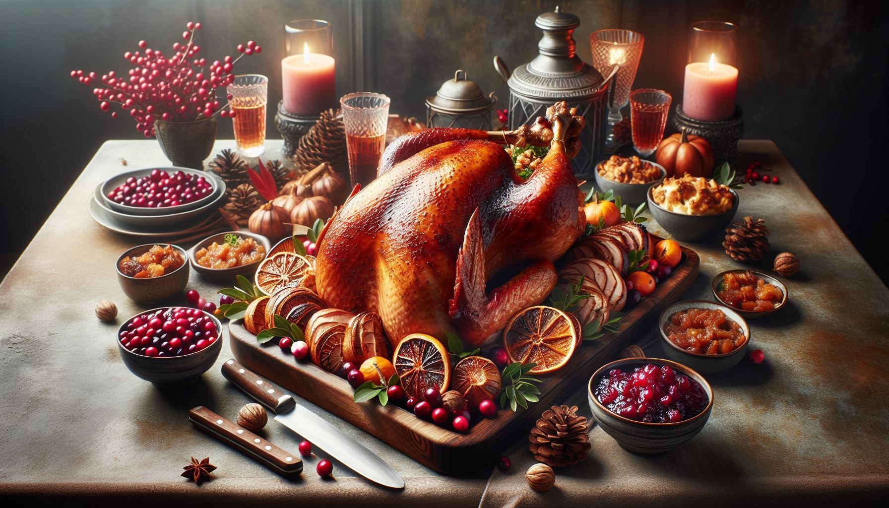A roasted turkey is sitting on top of a wooden cutting board on a table.