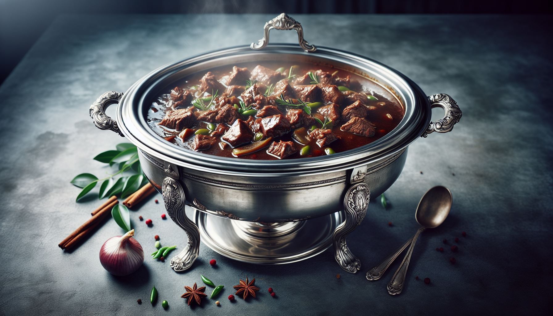 A silver bowl filled with beef stew is on a table.
