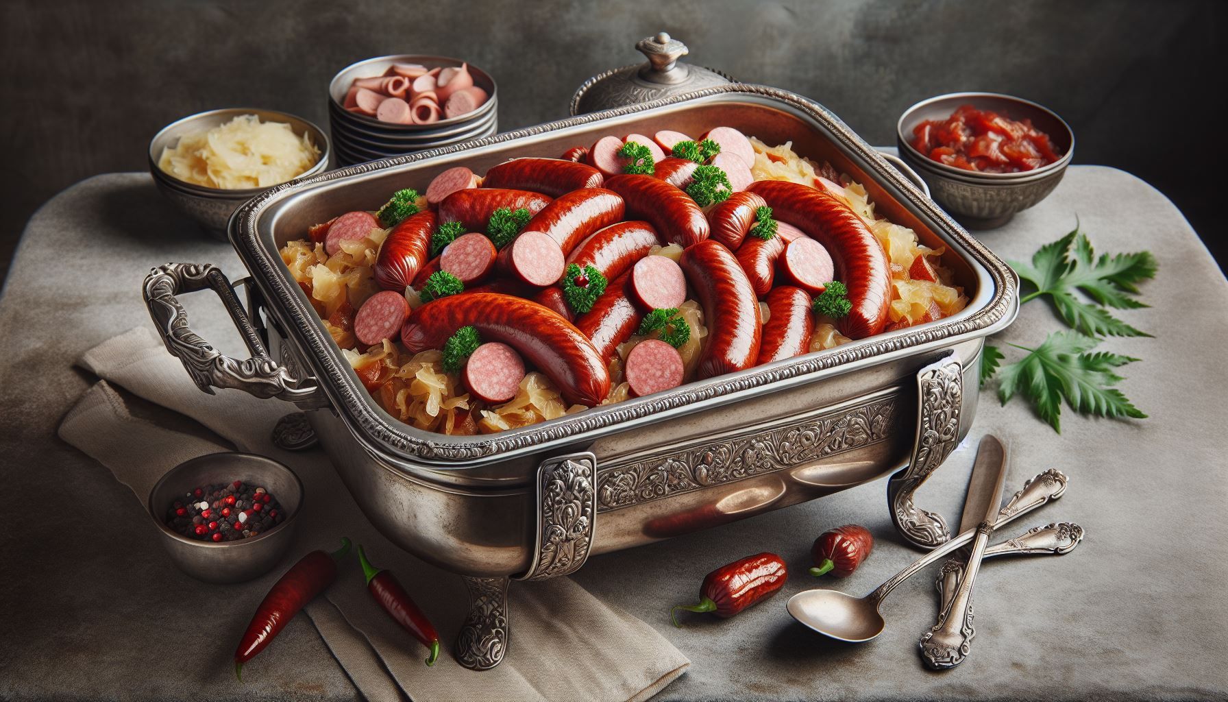 A casserole dish filled with sausages and cabbage on a table.
