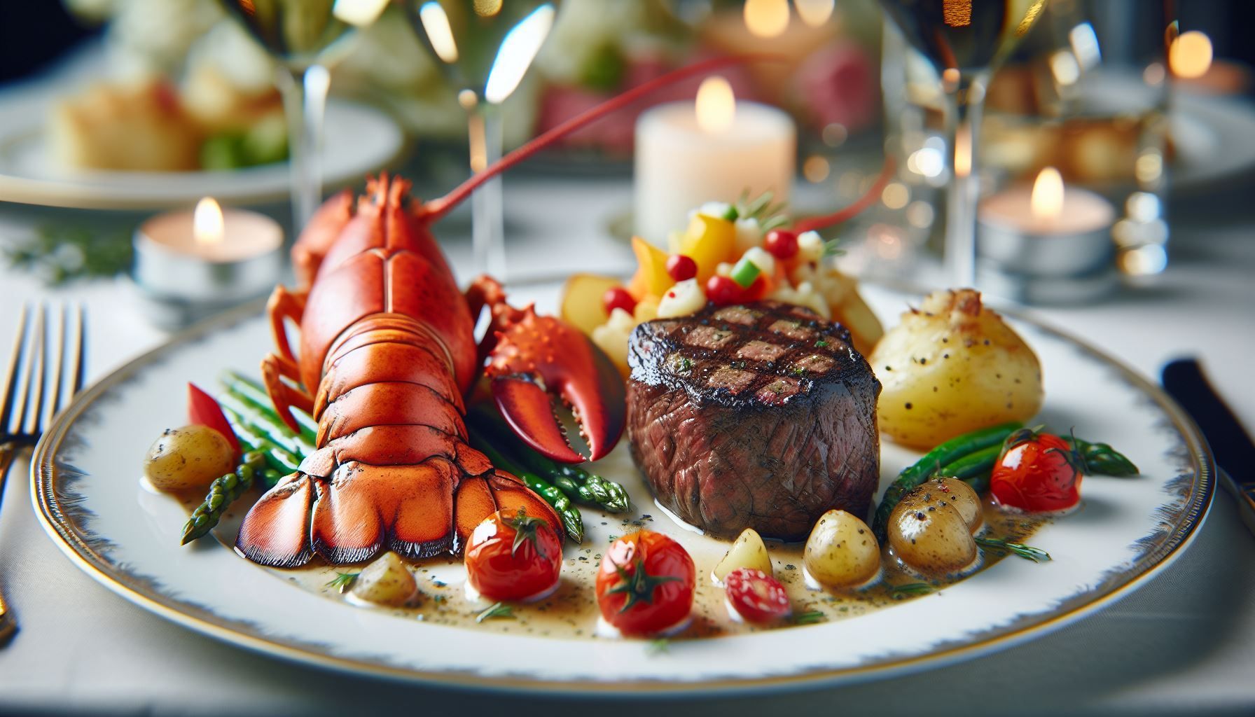 A plate of food with a lobster , steak and vegetables on a table.