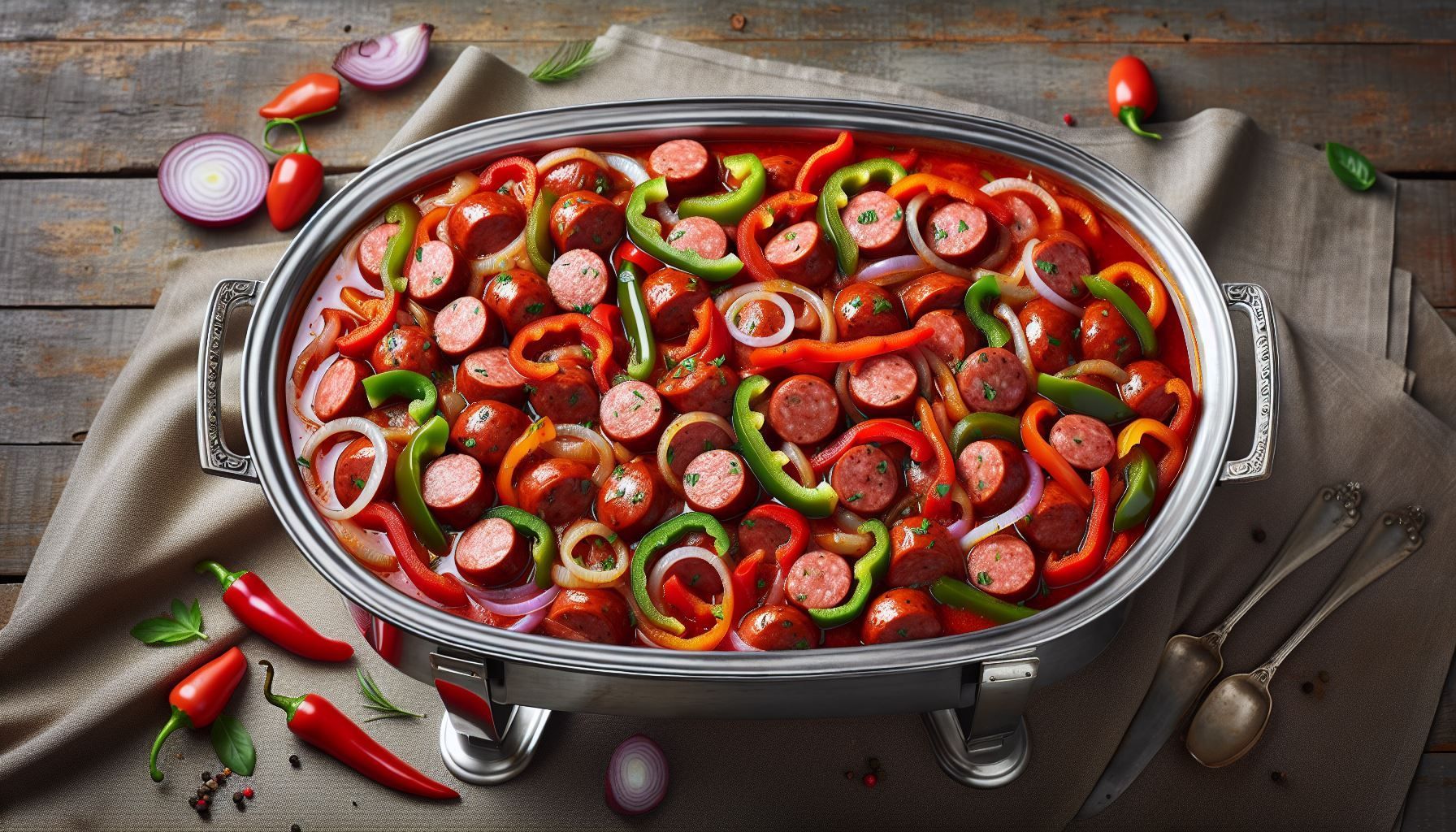A casserole dish filled with sausage , peppers , onions and other vegetables.
