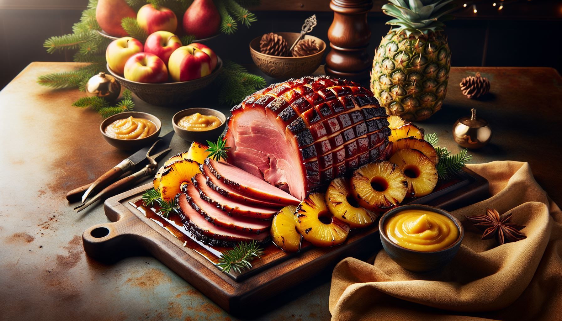 A ham with pineapple slices on a wooden cutting board on a table.
